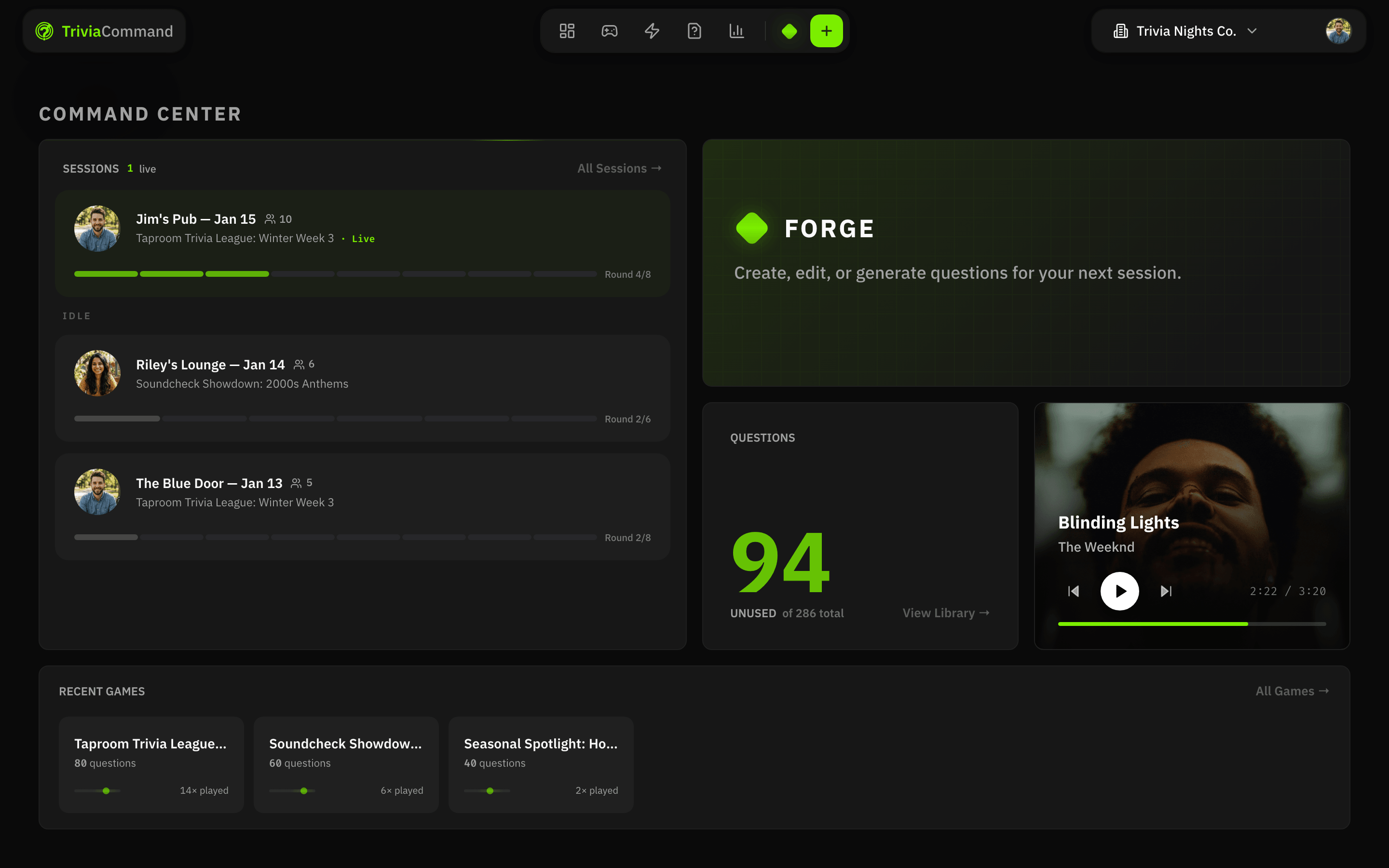 TriviaCommand command center showing active sessions, AI question generation, Spotify integration, and game library.