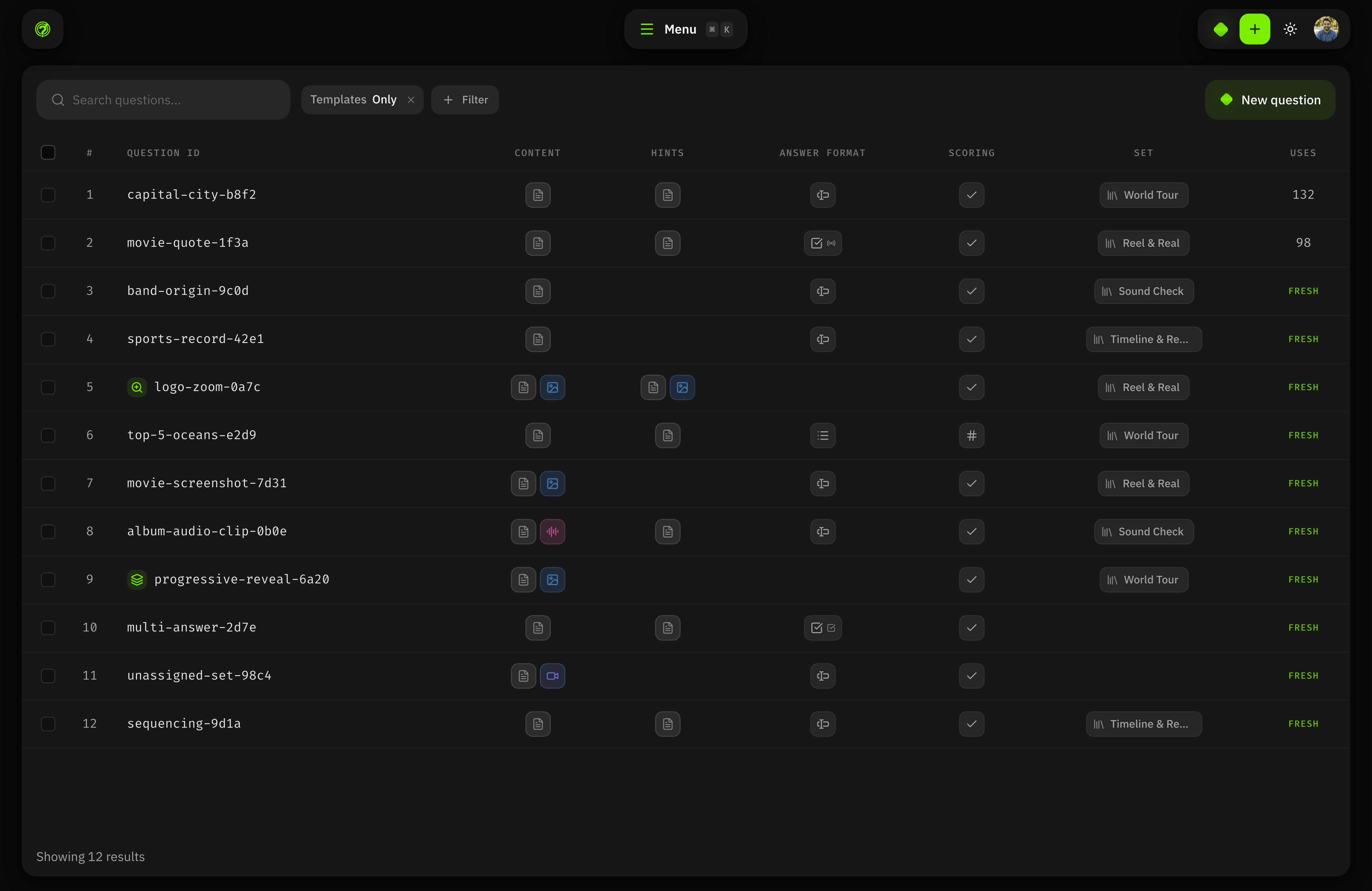 Question library interface with search, tags, and round builder